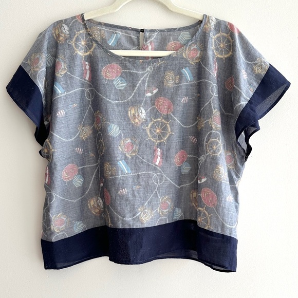 Eveve Nautical Print Blouse, Coastal Grandma Preppy Blouse, Navy Blue, Medium - Picture 1 of 15